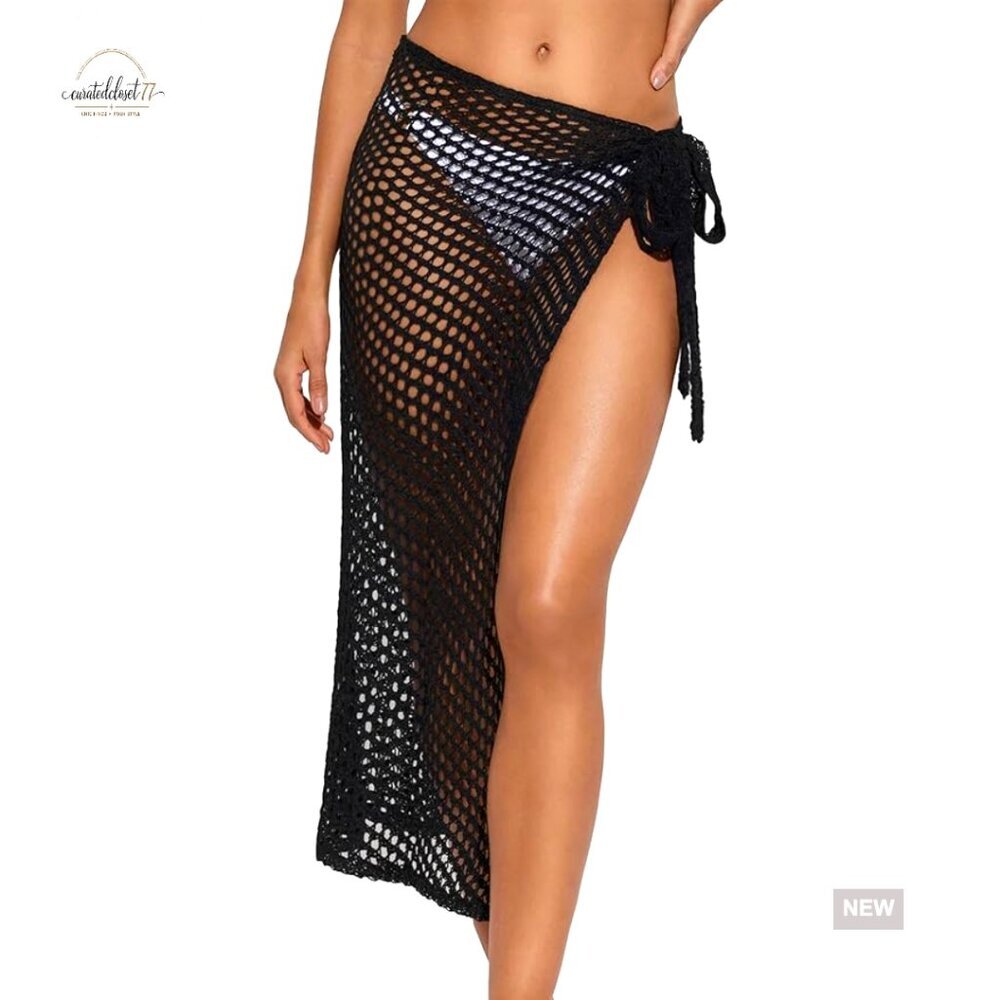 Crochet Fishnet Sarong Cover Up Skirt, Drawstring Waist, Loose Fit, Small-Medium